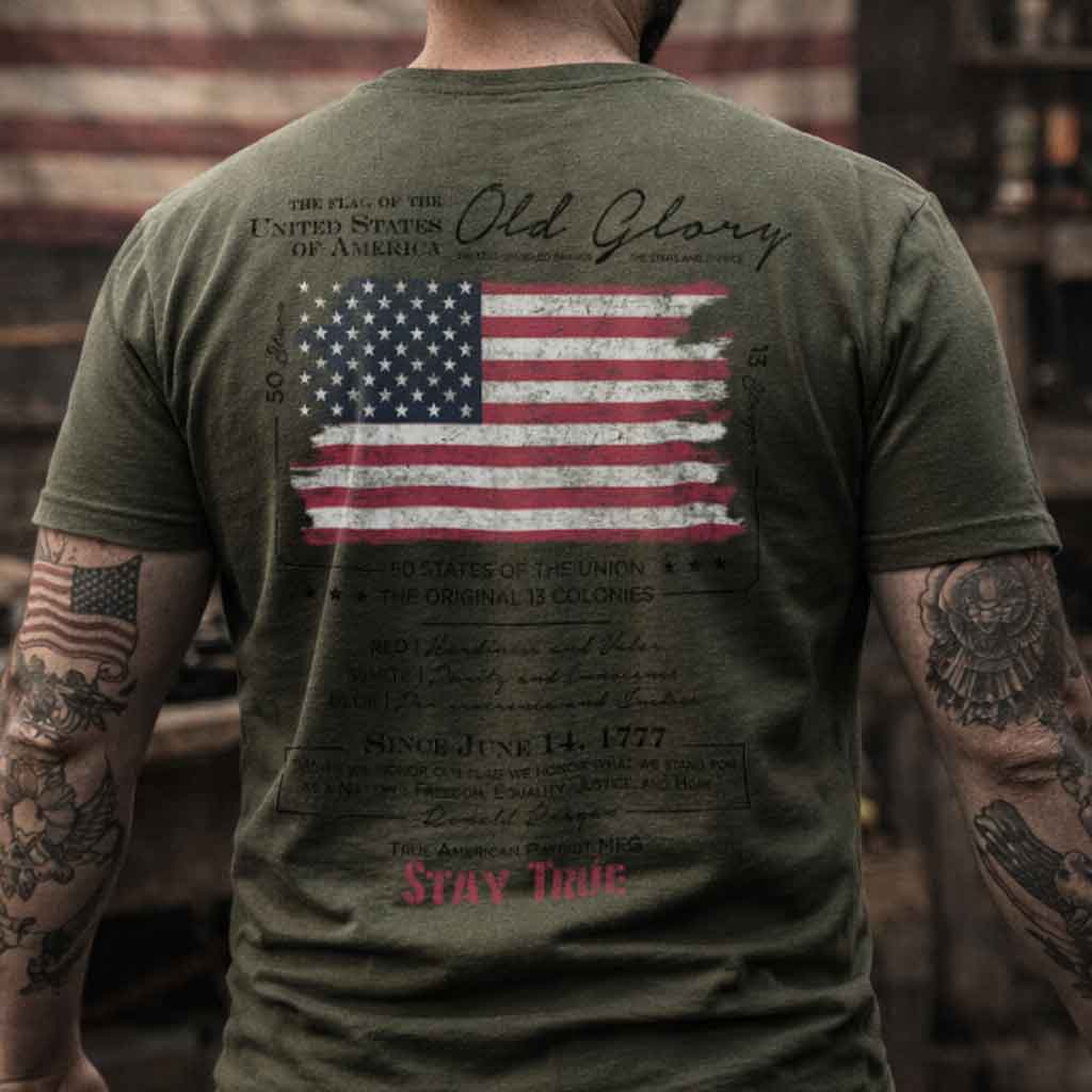 Man Standing in workshop wearing True American Patriot Mfg Old Glory Tshirt