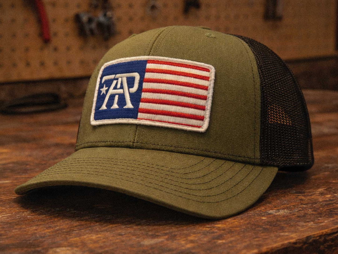 True American Patriot Flag Patch Richardson 112 Loden-Black on Workbench