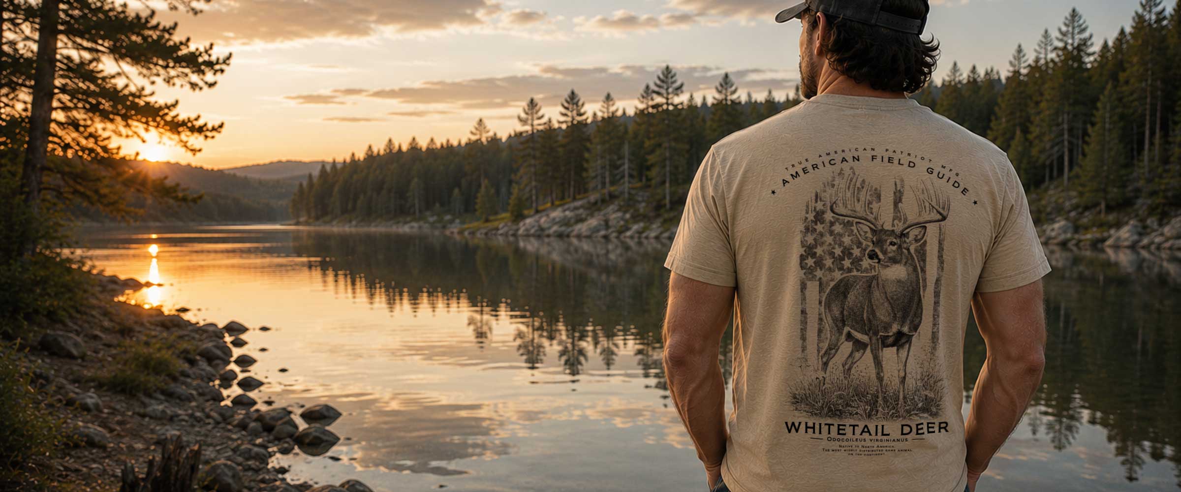 Model wearing the American Field Guide Whitetail Deer graphic tee overlooking a mountain lake at sunset. Premium outdoor apparel by True American Patriot MFG.