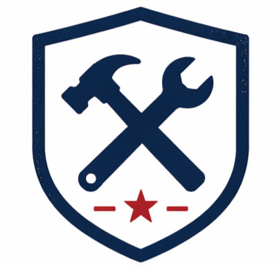 Logo with crossed hammer and wrench on a shield with a red star below