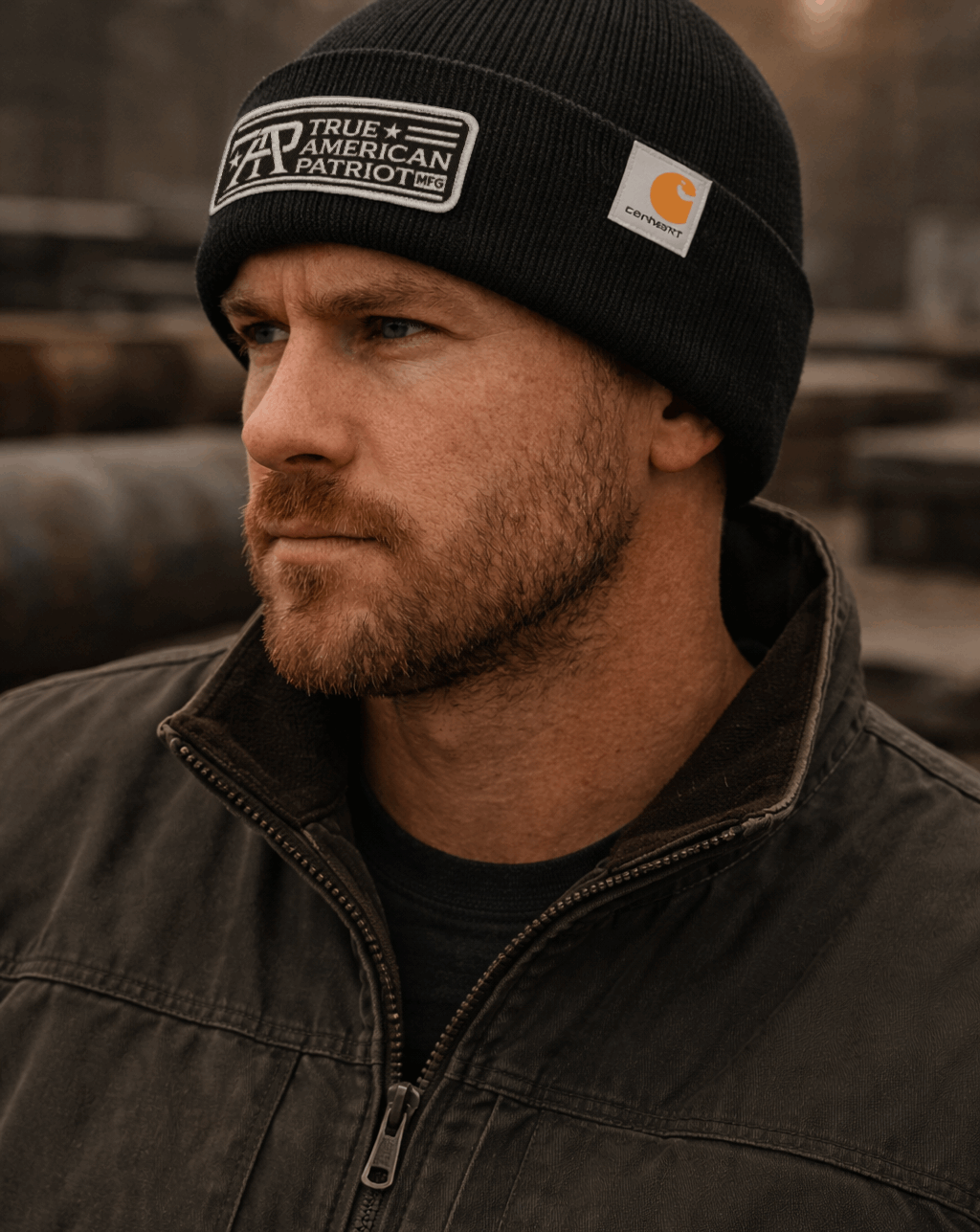 Man Wearing a True American Patriot Mfg. × Carhartt® Watch Cap 2.0 with Sewn on Patch