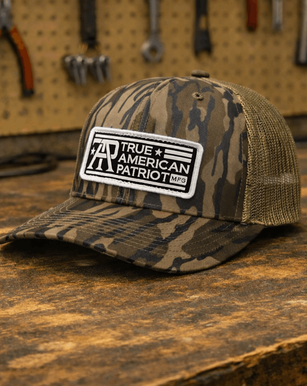 True American Patriot Black and White Logo Patch Richardson 112 Bottomland on Work Bench