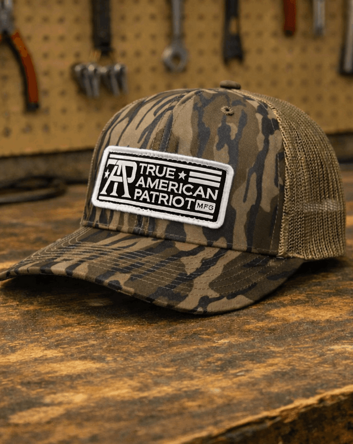 True American Patriot Black and White Logo Patch Richardson 112 Bottomland on Work Bench