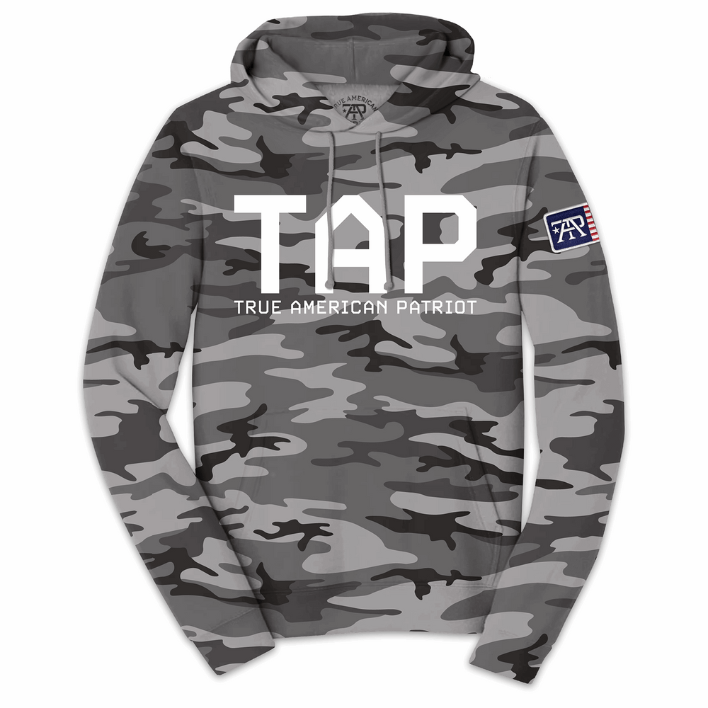 TAP Camo Hoodie – True American Patriot MFG Front with Tap Flag patch on Sleeve