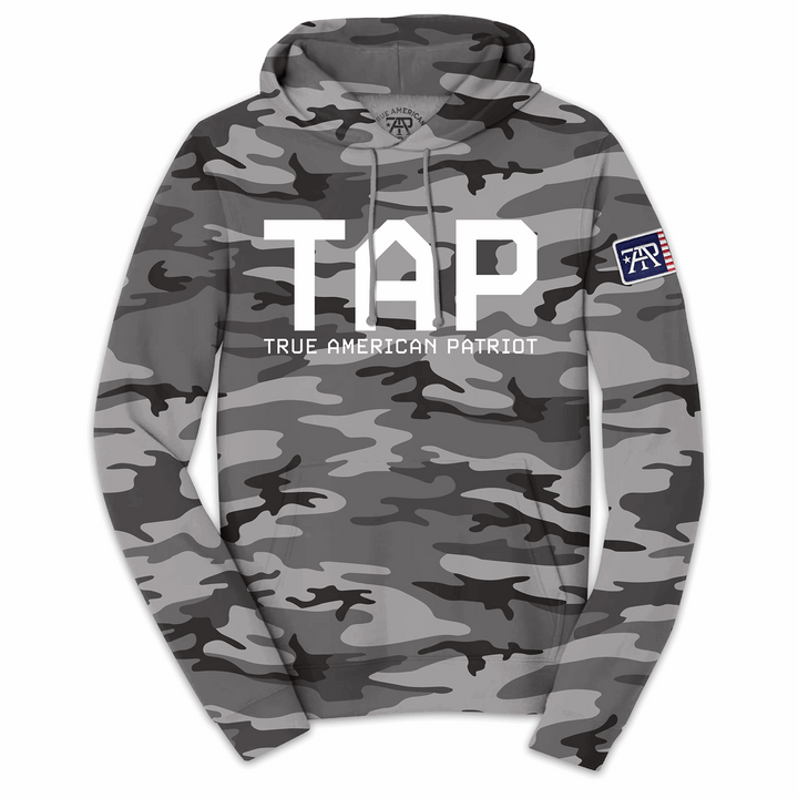 TAP Camo Hoodie – True American Patriot MFG Front with Tap Flag patch on Sleeve