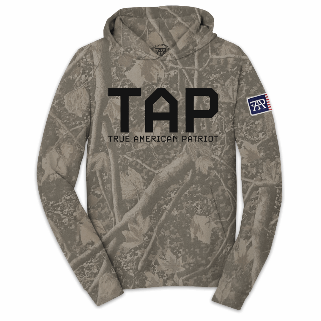 TAP Camo Hoodie – True American Patriot MFG Front with TAP Flag Patch on Sleeve Deadwood Camo