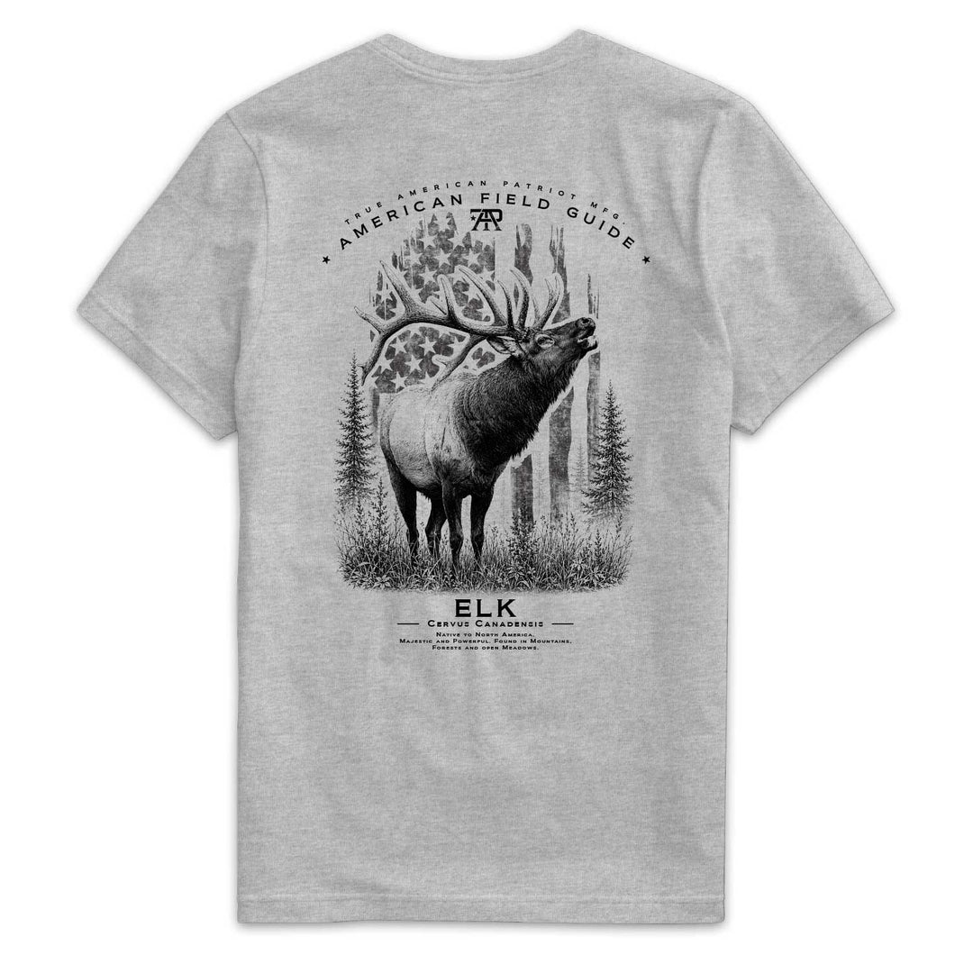American Field Guide Elk Tee back graphic on Dark Heather Gray Next Level 6210 T-shirt.