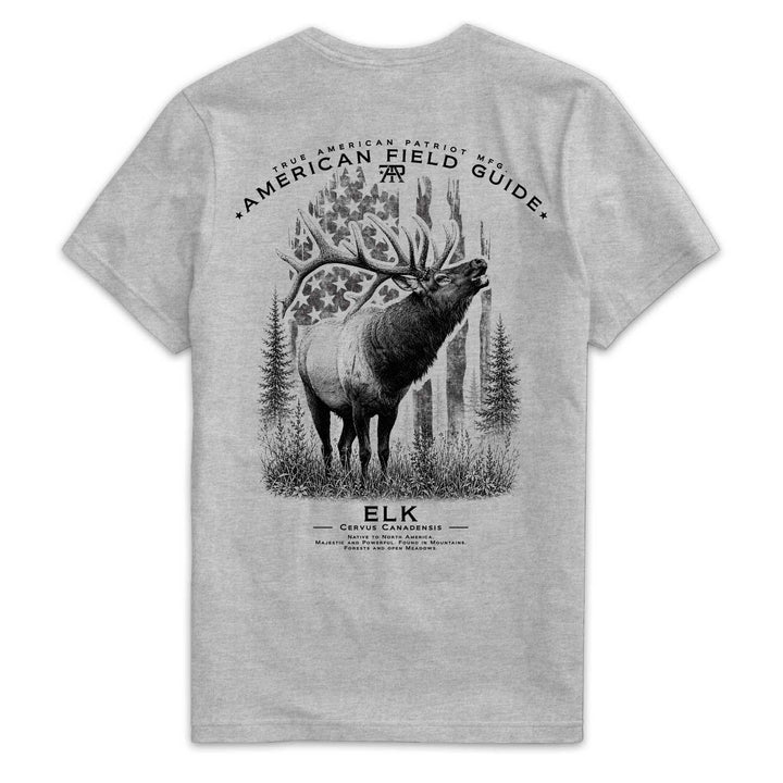 Back of American Field Guide Elk Tee in Dark Heather Gray with Rocky Mountain elk and vintage American flag artwork