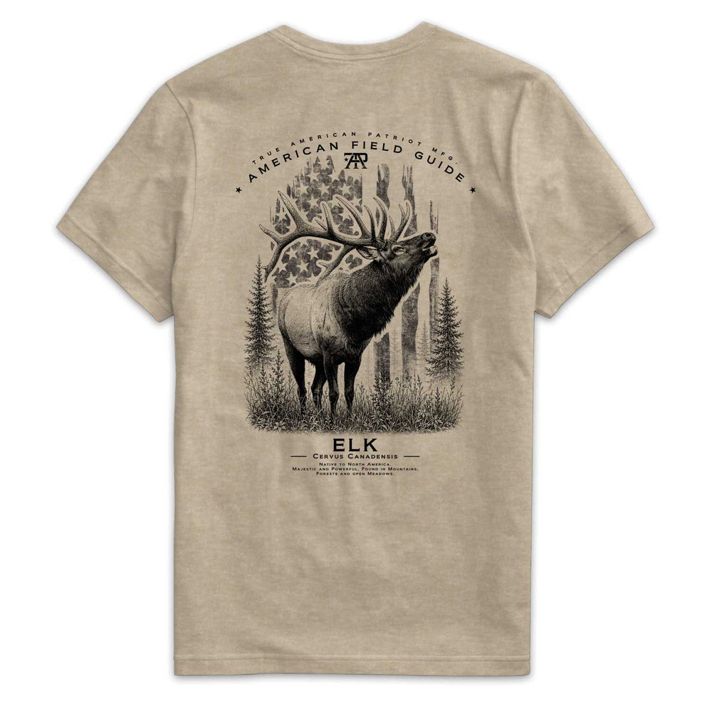 American Field Guide Elk Tee back graphic on Heather Tan Next Level 6210 T-shirt.