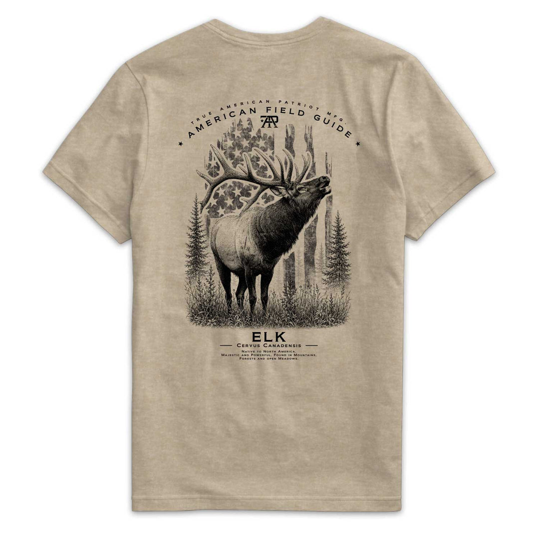 American Field Guide Elk Tee back graphic on Heather Tan Next Level 6210 T-shirt.