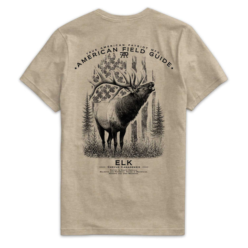 Back of American Field Guide Elk Tee in Heather Tan with Rocky Mountain elk and vintage American flag artwork