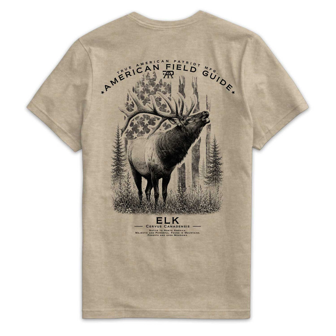 Back of American Field Guide Elk Tee in Heather Tan with Rocky Mountain elk and vintage American flag artwork
