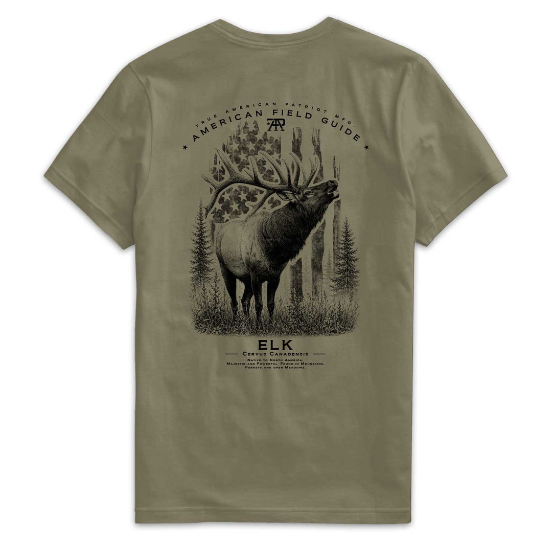 American Field Guide Elk Tee back graphic on Military Green Next Level 6210 T-shirt.