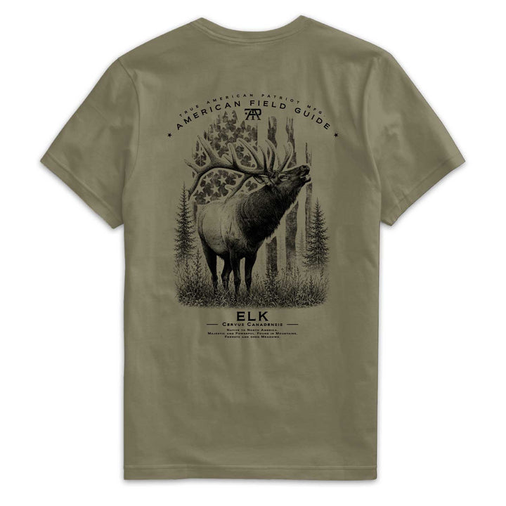 American Field Guide Elk Tee back graphic on Military Green Next Level 6210 T-shirt.