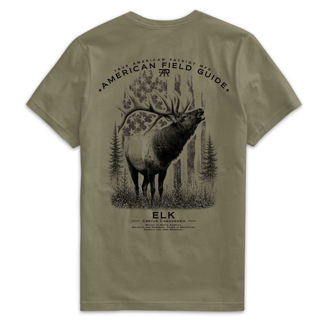 Back of American Field Guide Elk Tee in Military Green with Rocky Mountain elk and vintage American flag artwork