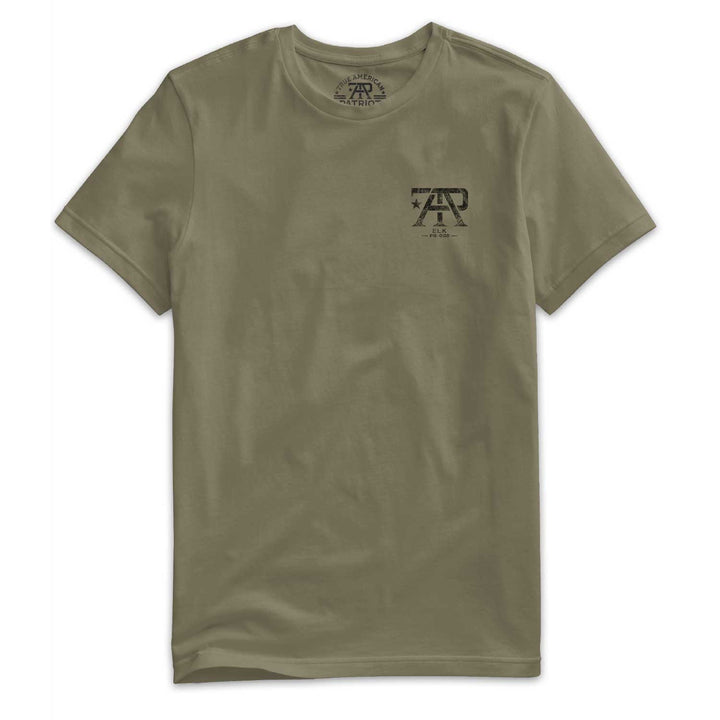 American Field Guide Elk Tee front left chest logo on Military Green Next Level 6210 T-shirt.