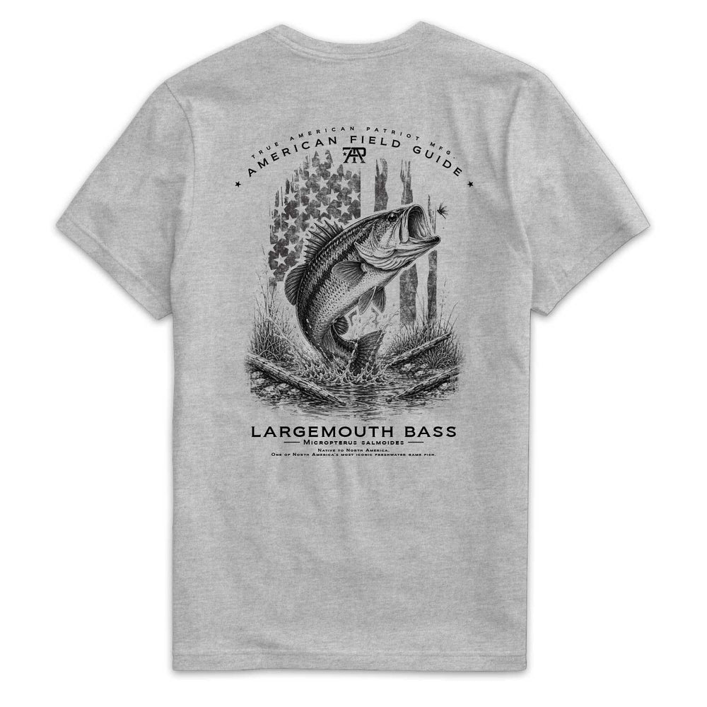 American Field Guide Largemouth Bass Tee back graphic on Dark Heather Gray Next Level 6210 T-shirt.