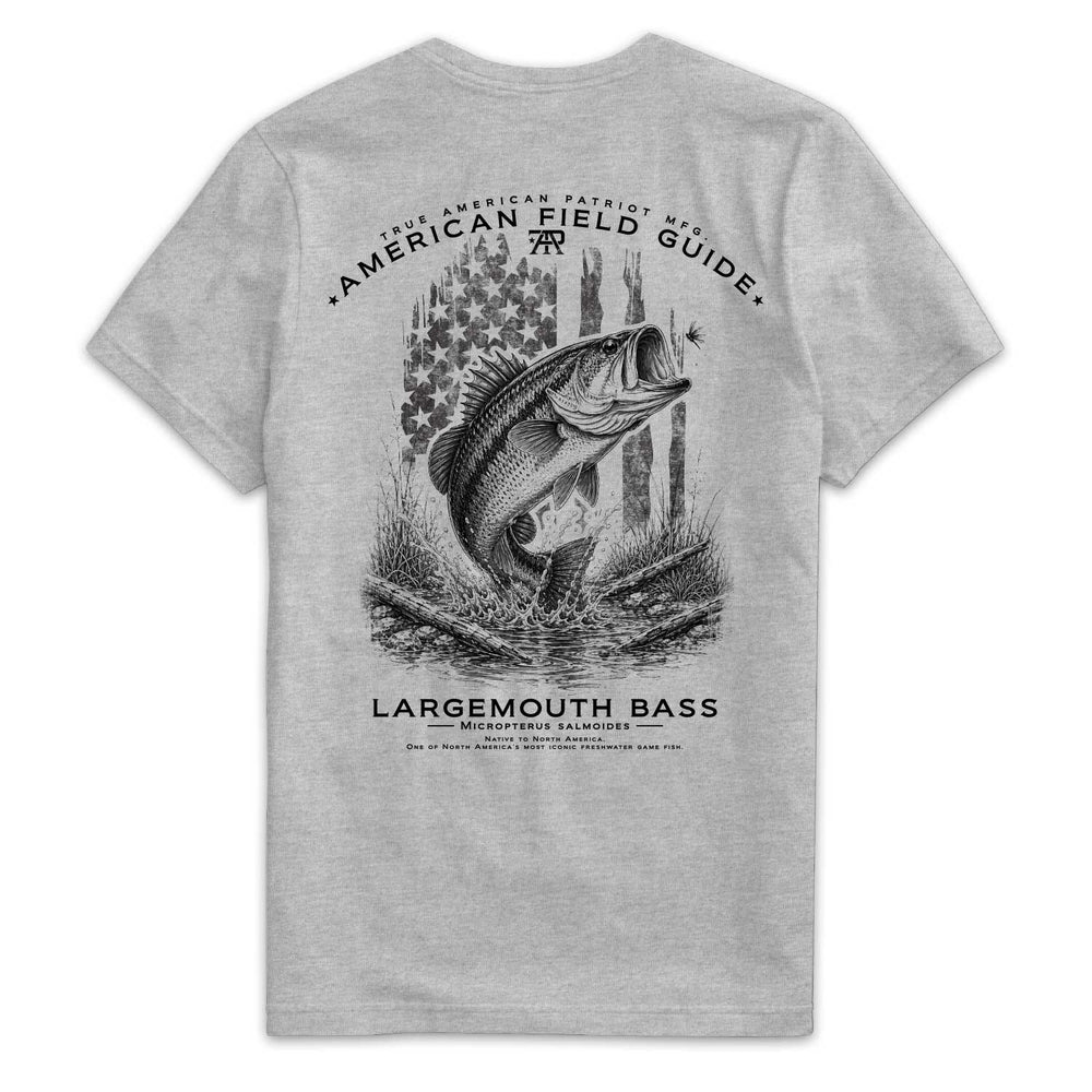 Back of American Field Guide Largemouth Bass Tee in Dark Heather Gray with bass and vintage American flag artwork