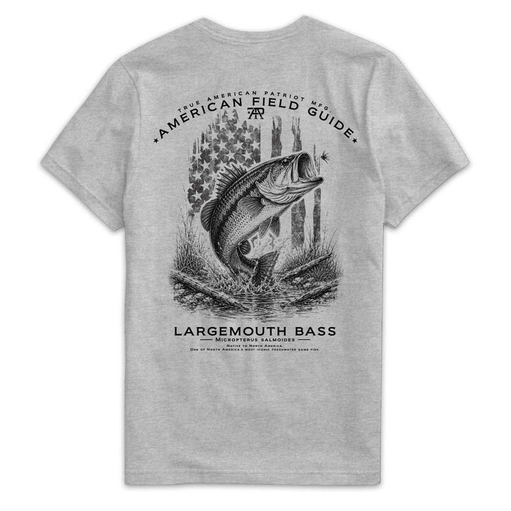 Back of American Field Guide Largemouth Bass Tee in Dark Heather Gray with bass and vintage American flag artwork