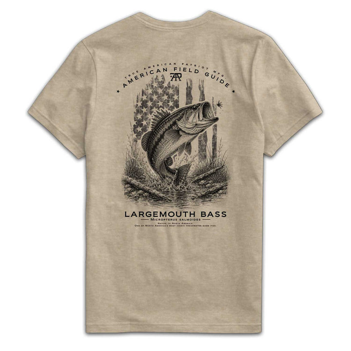 American Field Guide Largemouth Bass Tee back graphic on Heather Tan Next Level 6210 T-shirt.