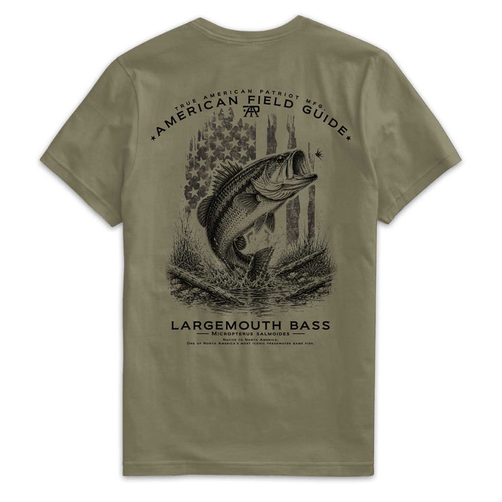 Back of American Field Guide Largemouth Bass Tee in Military Green with bass and vintage American flag artwork