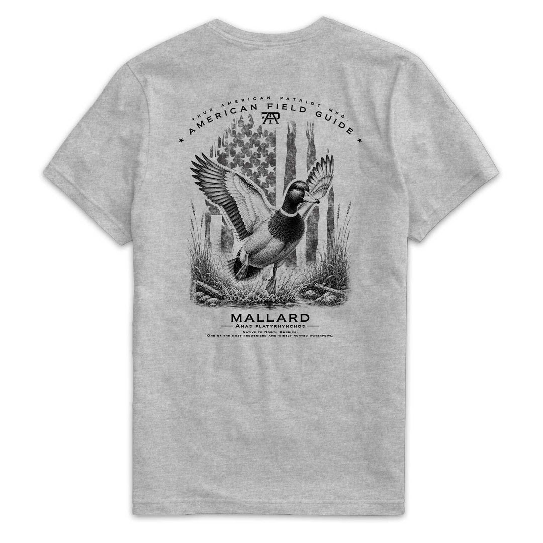 American Field Guide Mallard Tee back graphic on Dark Heather Gray Next Level 6210 T-shirt.