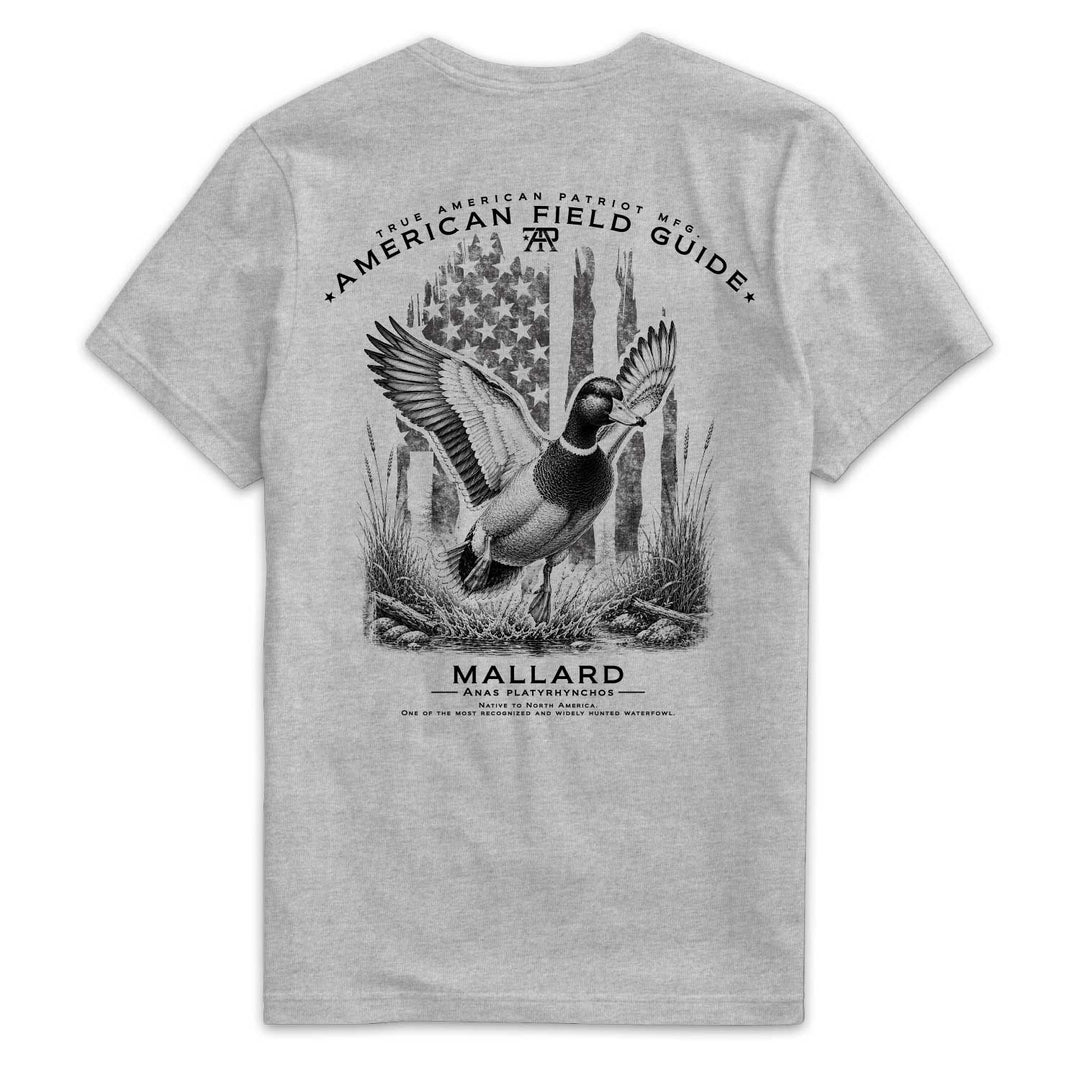Back of American Field Guide Mallard Tee in Dark Heather Gray with mallard duck and vintage American flag artwork
