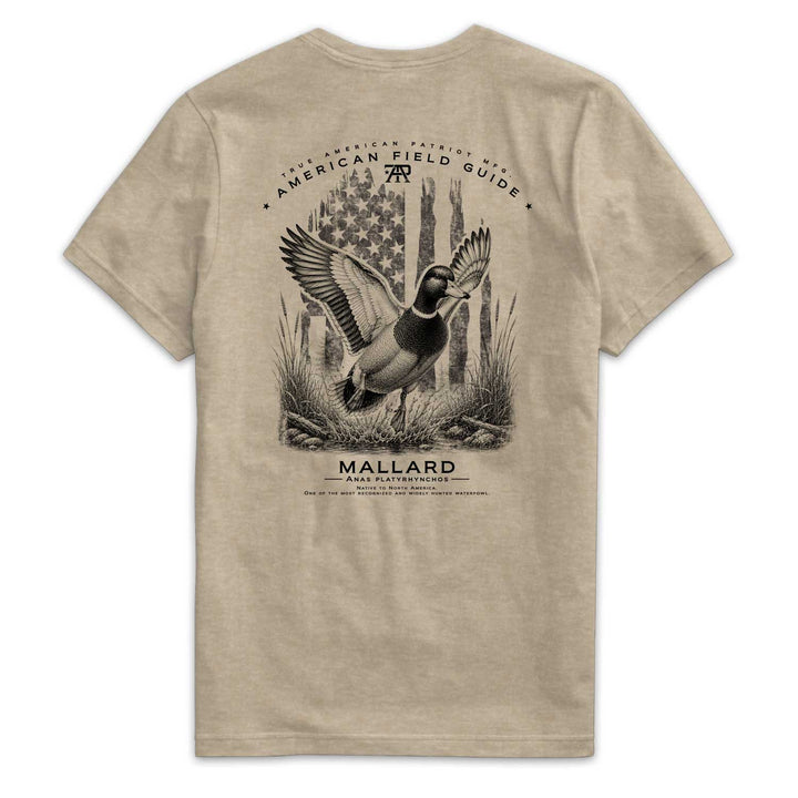 American Field Guide Mallard Tee back graphic on Heather Tan Next Level 6210 T-shirt.