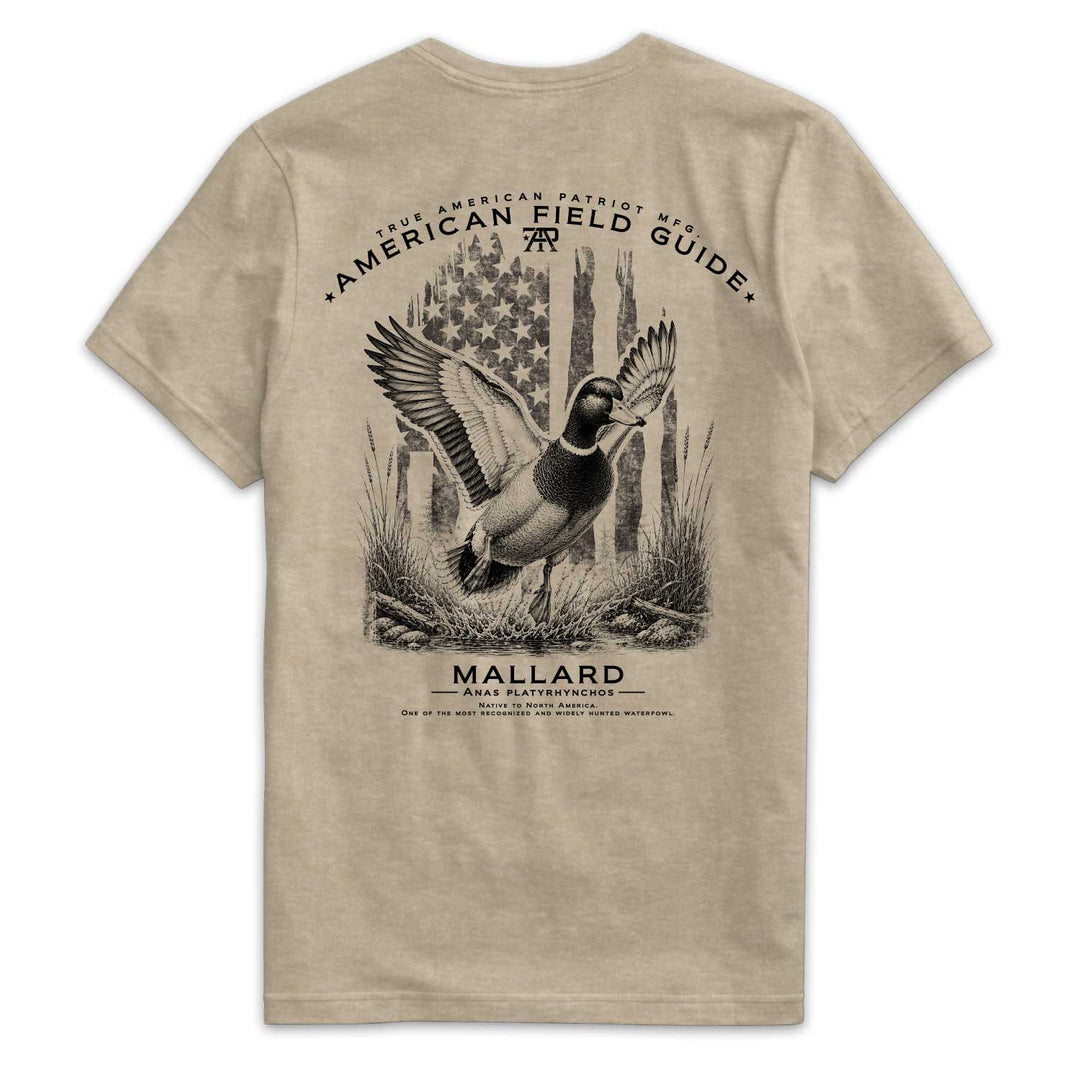 Back of American Field Guide Mallard Tee in Heather Tan with mallard duck and vintage American flag artwork