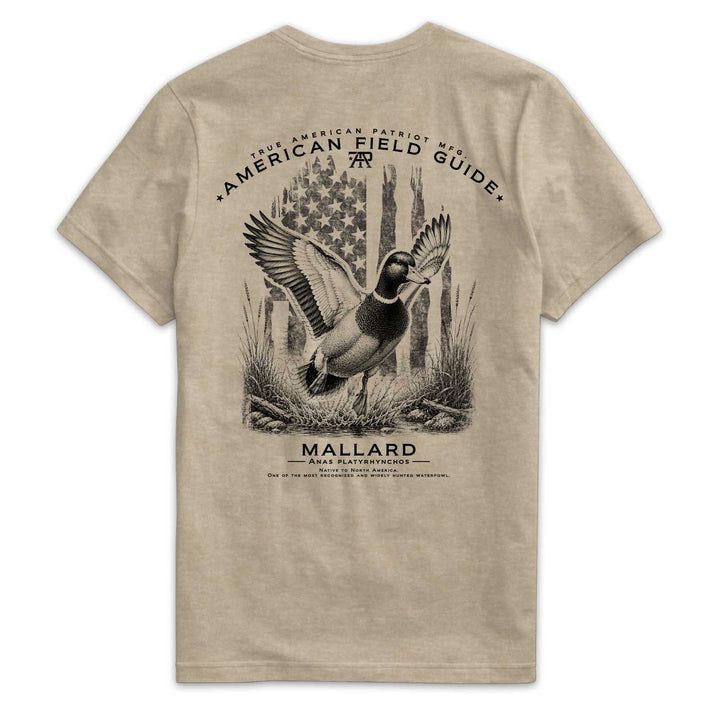 Back of American Field Guide Mallard Tee in Heather Tan with mallard duck and vintage American flag artwork