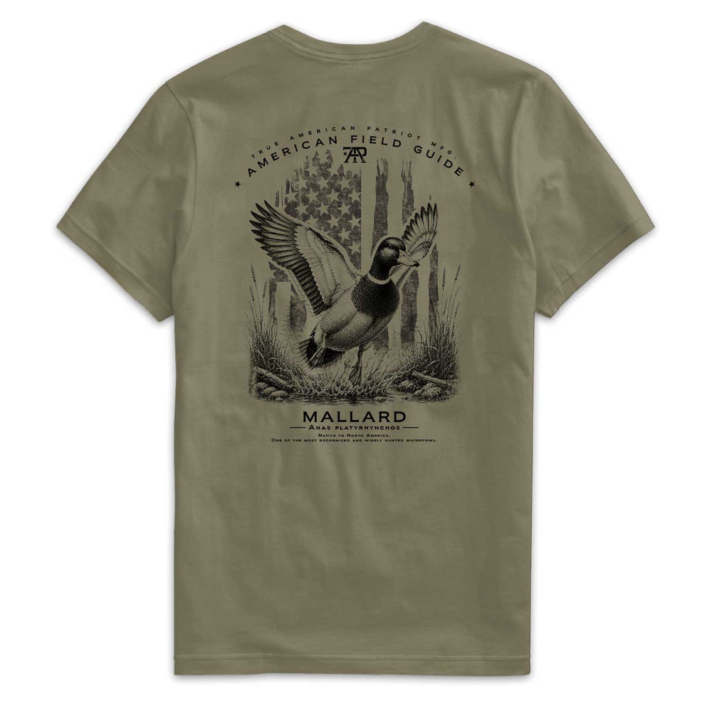 American Field Guide Mallard Tee back graphic on Military Green Next Level 6210 T-shirt.