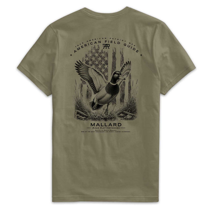 American Field Guide Mallard Tee back graphic on Military Green Next Level 6210 T-shirt.