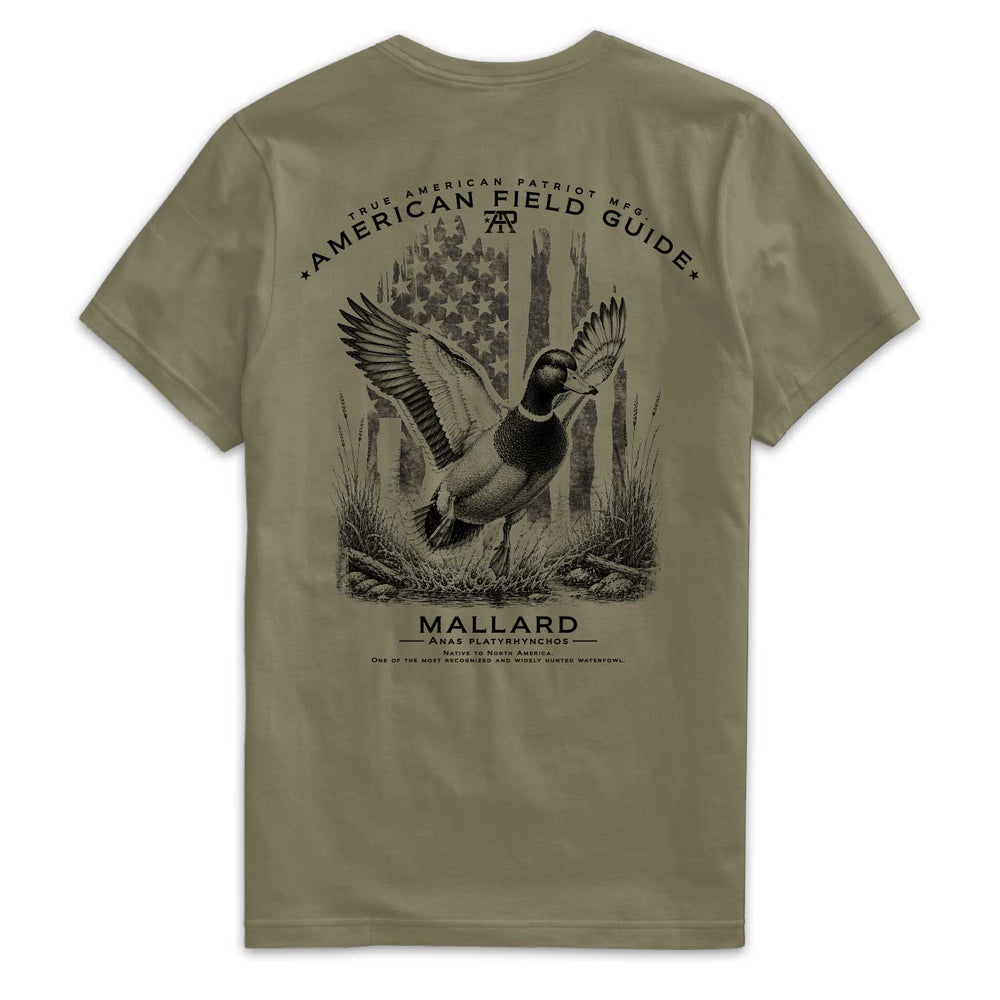 Back of American Field Guide Mallard Tee in Military Green with mallard duck and vintage American flag artwork