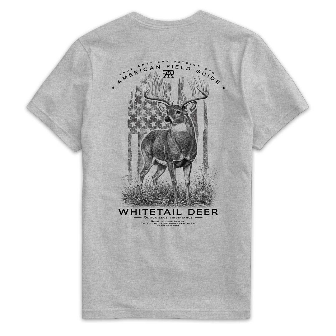 American Field Guide Whitetail Deer Tee back graphic on Dark Heather Gray T-shirt