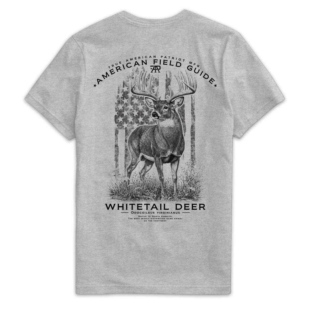 Back of American Field Guide Whitetail Deer Tee in Dark Heather Gray with whitetail buck and vintage American flag artwork