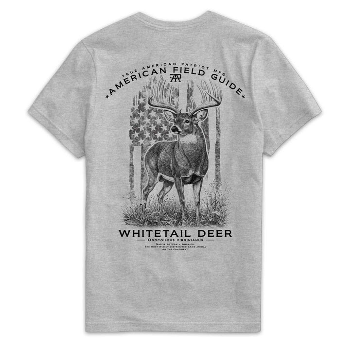 Back of American Field Guide Whitetail Deer Tee in Dark Heather Gray with whitetail buck and vintage American flag artwork