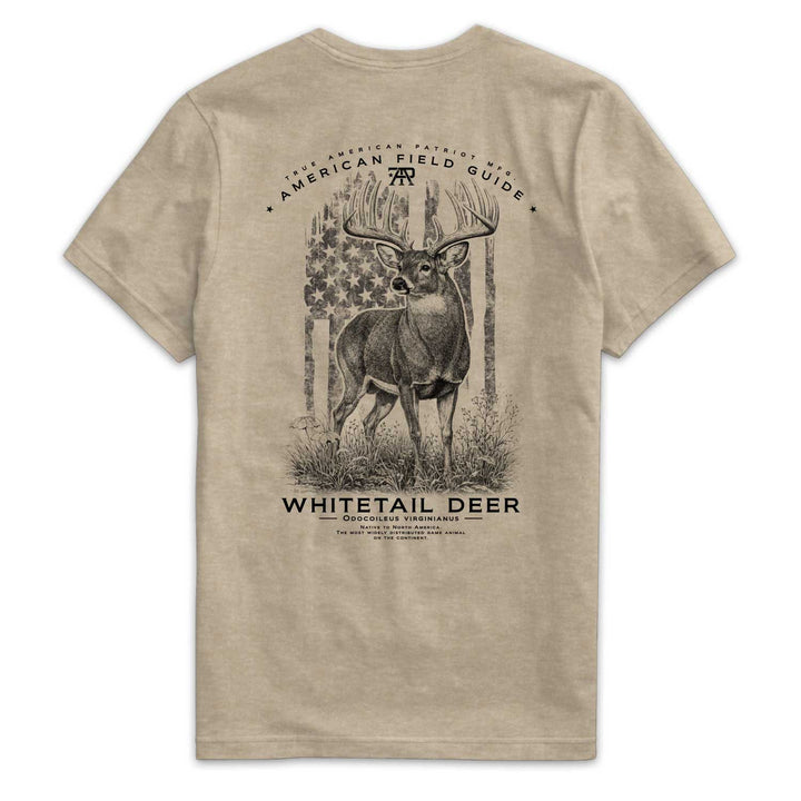 American Field Guide Whitetail Deer Tee back graphic on Heather Tan T-shirt