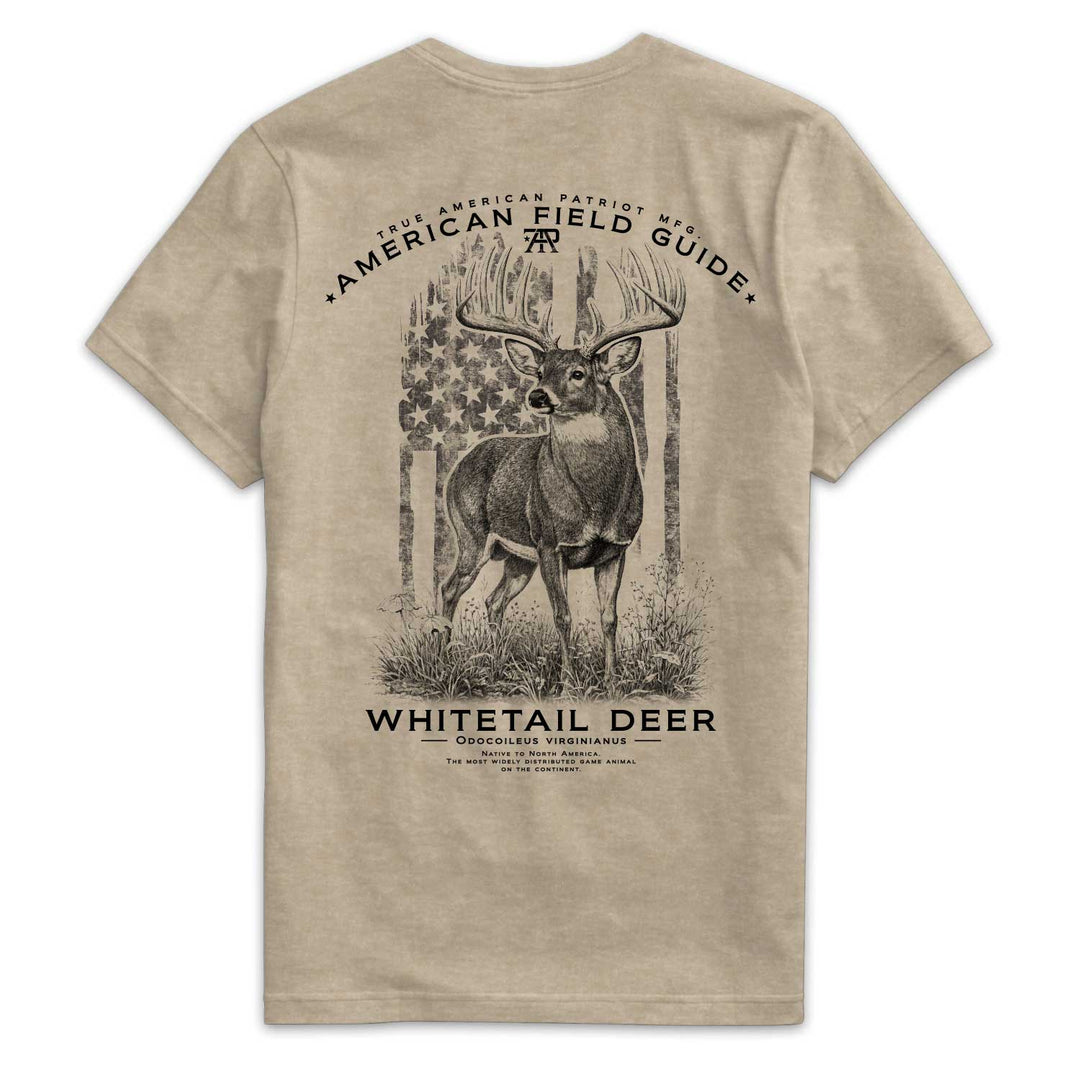 Back of American Field Guide Whitetail Deer Tee in Heather Tan with whitetail buck and vintage American flag artwork