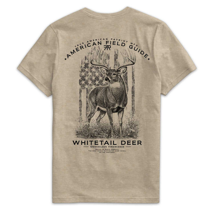 Back of American Field Guide Whitetail Deer Tee in Heather Tan with whitetail buck and vintage American flag artwork