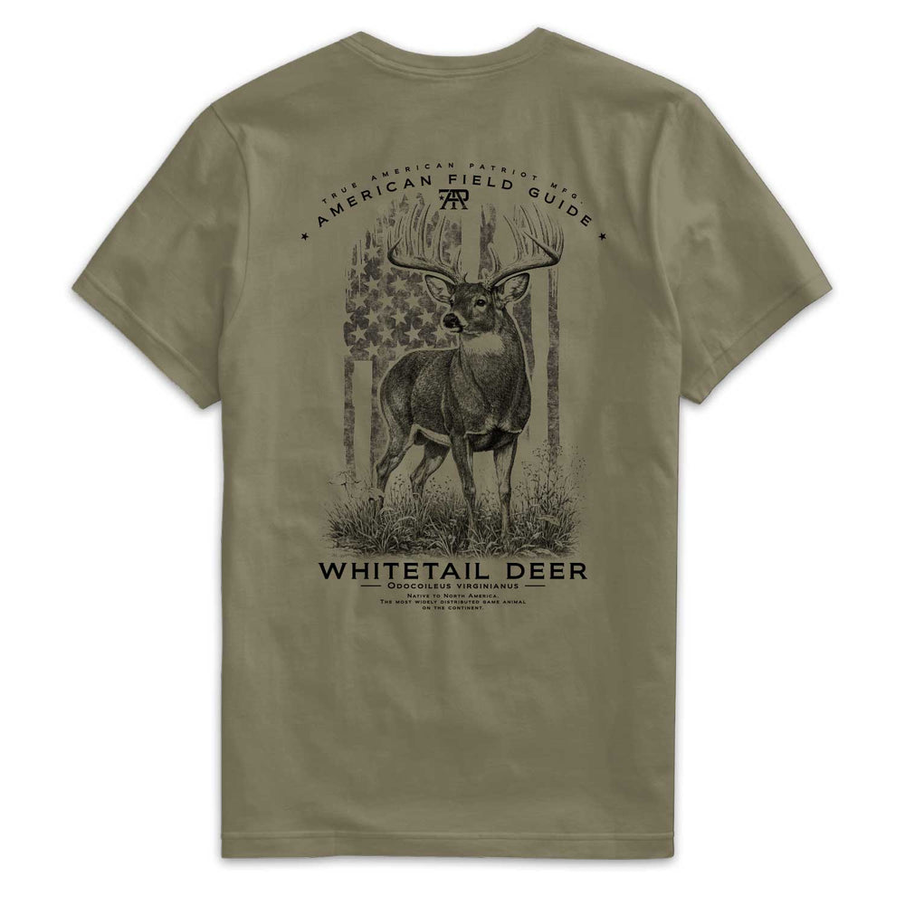American Field Guide Whitetail Deer Tee back graphic on Military Green Next Level 6210 T-shirt
