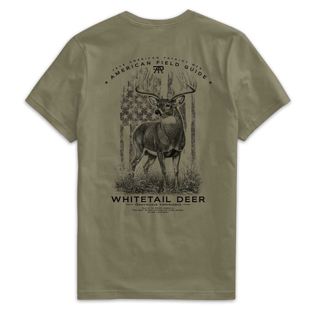 American Field Guide Whitetail Deer Tee back graphic on Military Green Next Level 6210 T-shirt