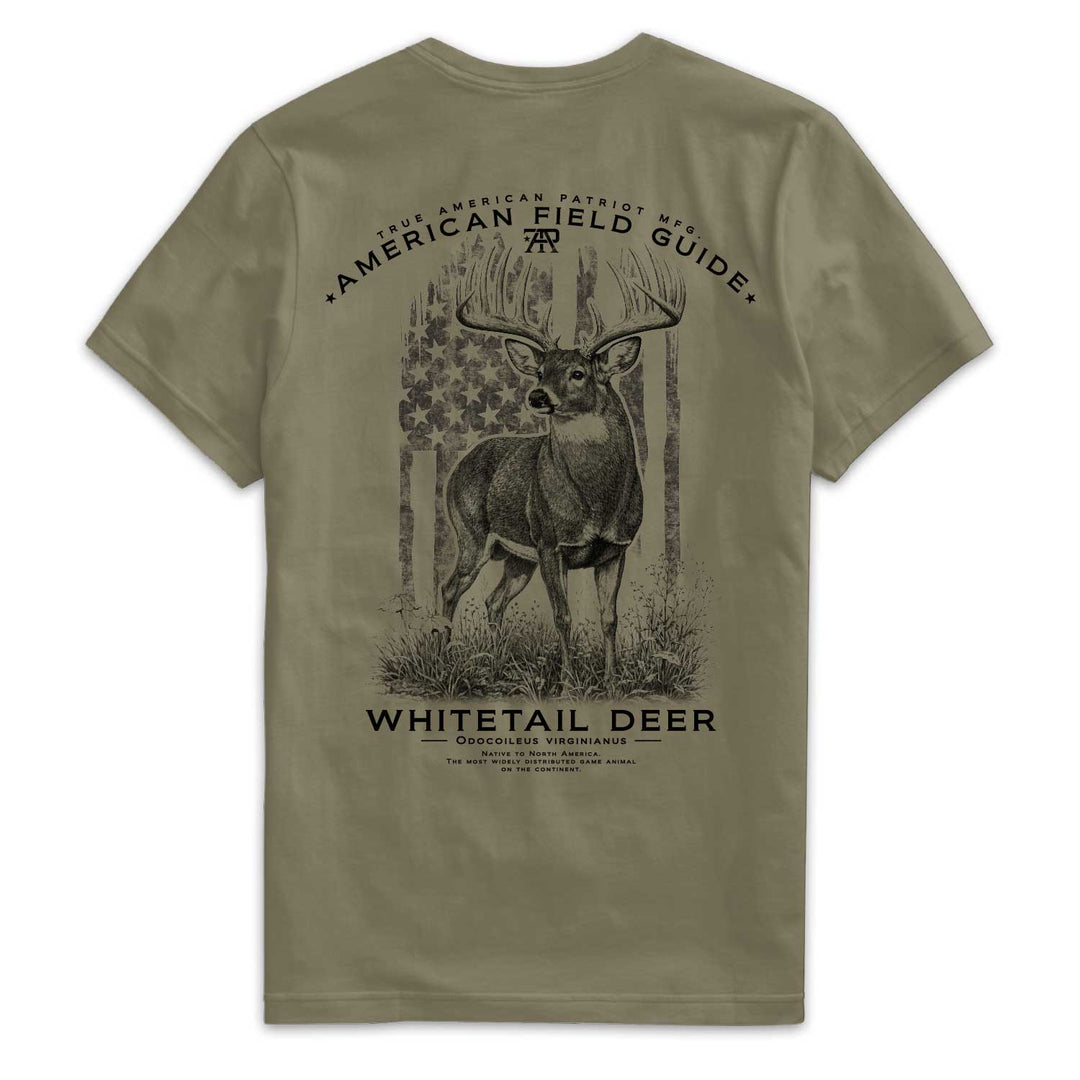 Back of American Field Guide Whitetail Deer Tee in Military Green with whitetail buck and vintage American flag artwork
