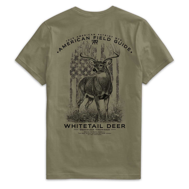 Back of American Field Guide Whitetail Deer Tee in Military Green with whitetail buck and vintage American flag artwork