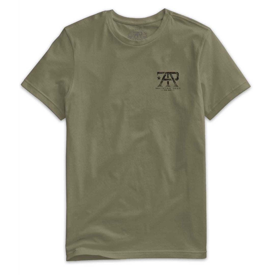 American Field Guide Whitetail Deer Tee front left chest logo on Military Green T-shirt