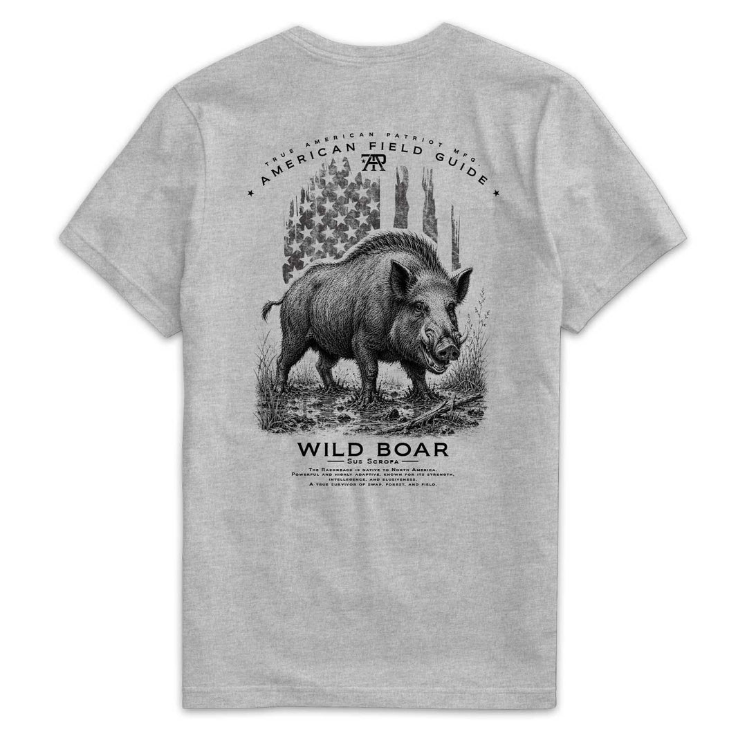American Field Guide Wild Boar Tee back graphic on Dark Heather Gray Next Level 6210 T-shirt.