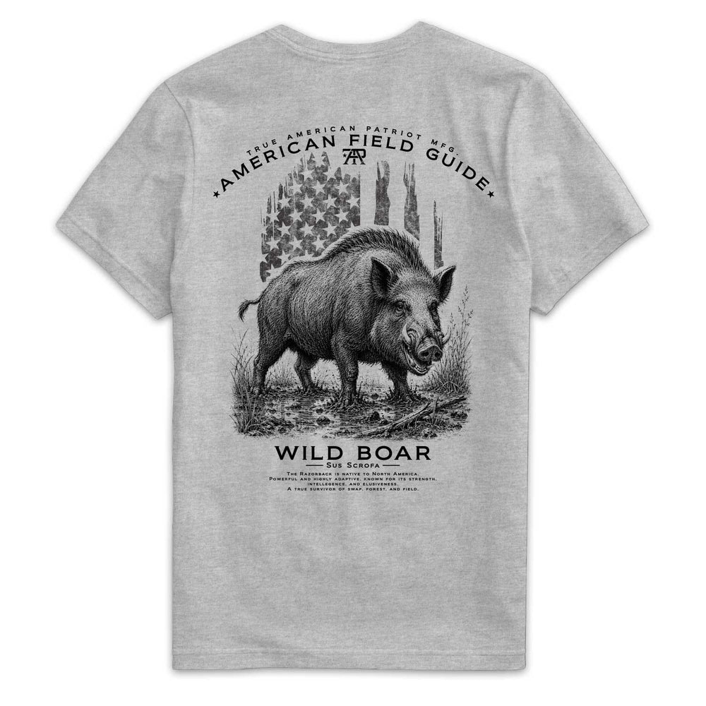 Back of American Field Guide Wild Boar Tee in Dark Heather Gray with wild boar and vintage American flag artwork