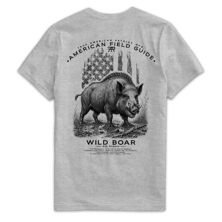 Back of American Field Guide Wild Boar Tee in Dark Heather Gray with wild boar and vintage American flag artwork
