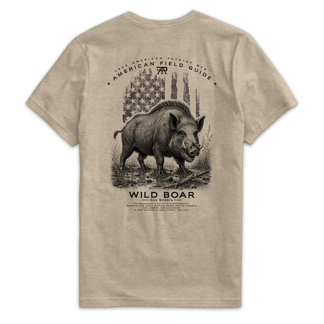 American Field Guide Wild Boar Tee back graphic on Heather Tan Next Level 6210 T-shirt.