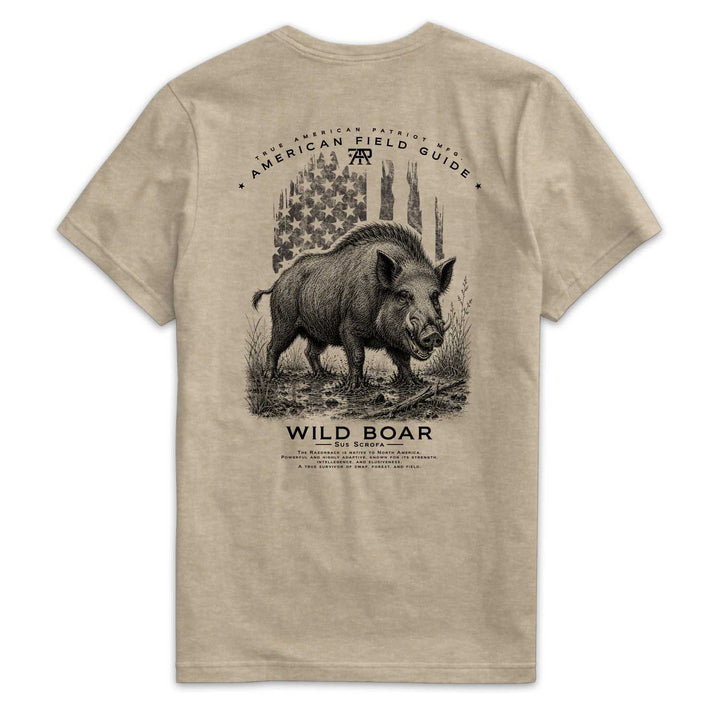American Field Guide Wild Boar Tee back graphic on Heather Tan Next Level 6210 T-shirt.