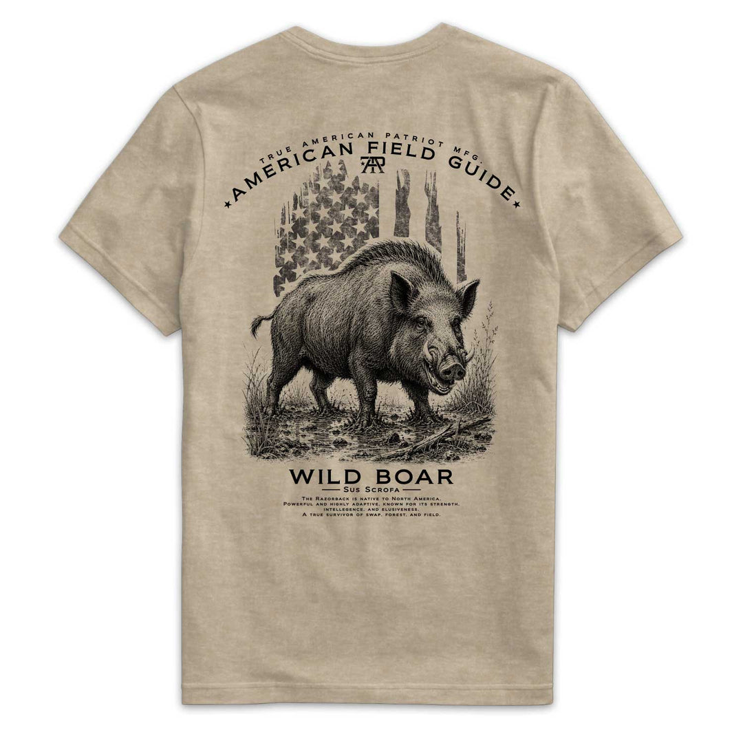 Back of American Field Guide Wild Boar Tee in Heather Tan with wild boar and vintage American flag artwork